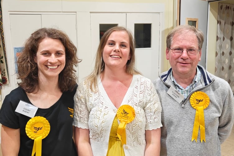 Liberal Democrat Cllr Lizzie Marshall, centre, celebrates winning the Alton Amery seat on East Hampshire District Council in a by-election at Alton Community Centre in Amery Street on August 21st 2025.