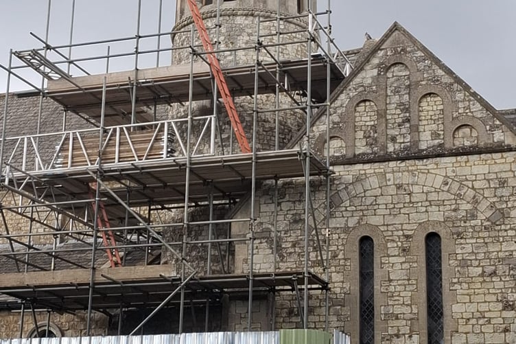 St John's Church in Hale with scaffolding.