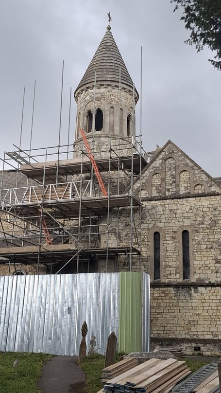 St John's Church in Hale with scaffolding.