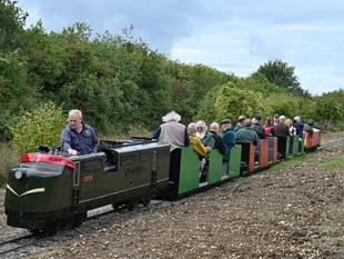 First train on extended miniature railway line at Ropley station