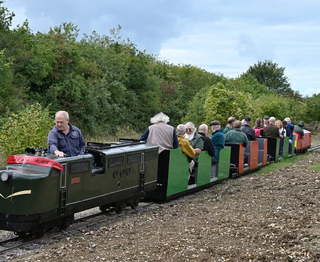 First train on extended miniature railway line at Ropley station