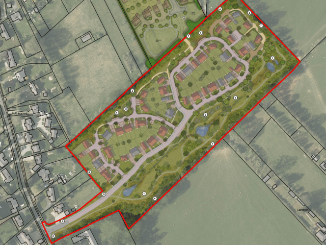 A plan of the 65-home estate proposed for land behind 87 Lymington Bottom in Four Marks, October 2025.