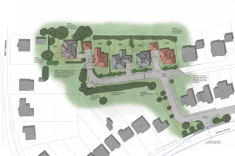 Layout of five new houses on Land To The Rear Of 86-90 Wilsom Road, Alton, October 2025.