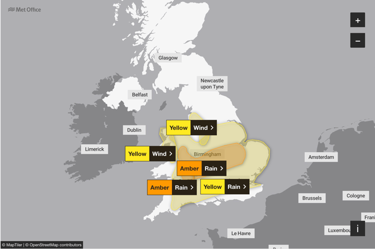 Amber warning issued across the South East