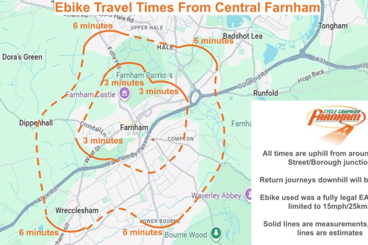Farnham Cycle Campaign's graphic on e-bike travel times around Farnham.