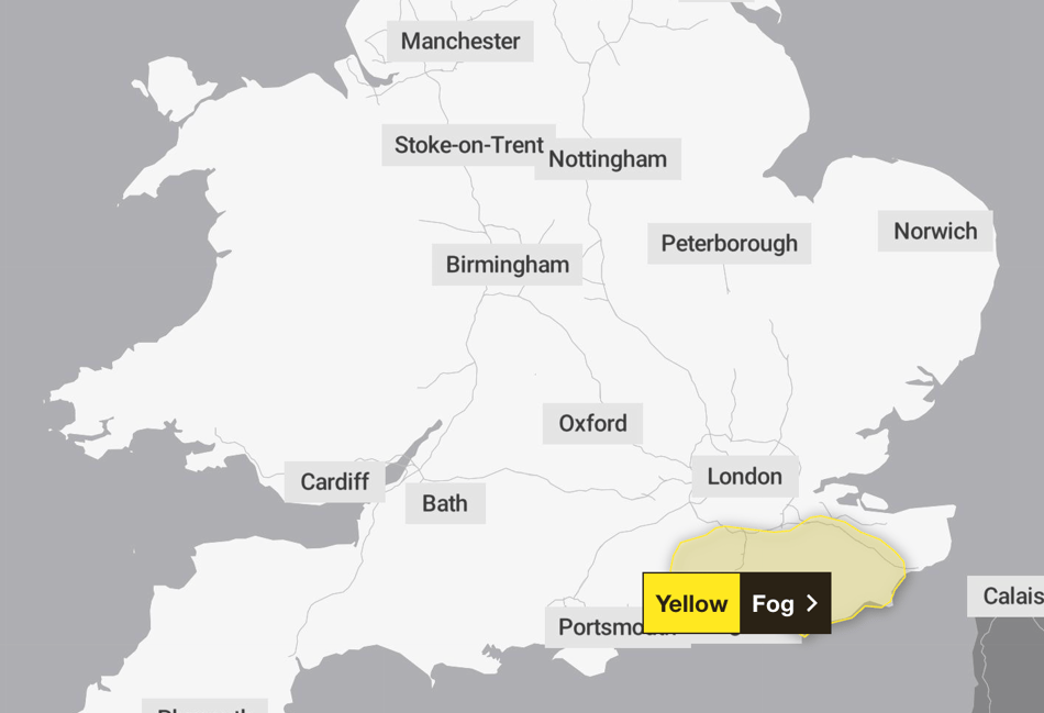 Freezing fog warning issued for South East