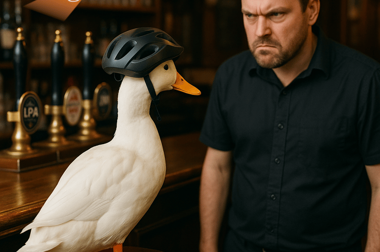 An AI-created image of a duck in a cycle helmet in a pub.