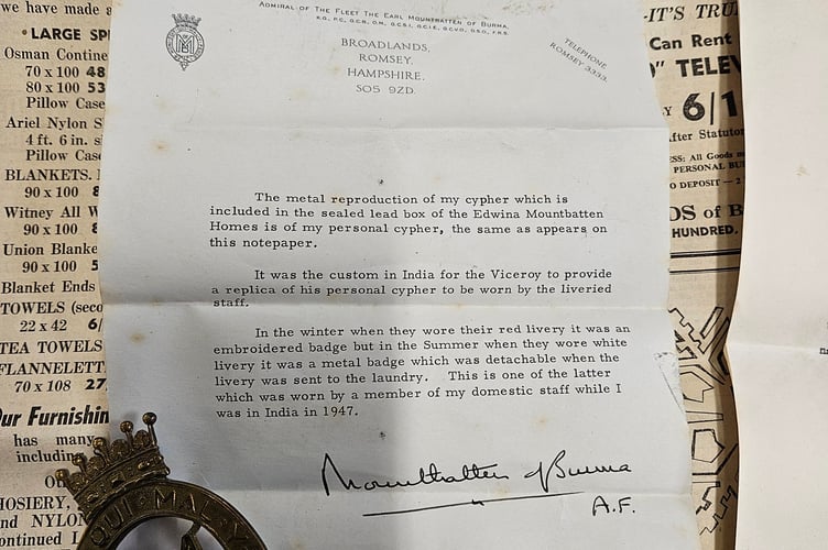 Lord Mountbatten's personal cypher and letter. // A letter written to a care home by Lord Mountbatten in 1969 has been discovered among items in a 'fascinating' time capsule - found underneath the home's former site. Demolition workers discovered the lead time capsule underneath a foundation brick at the site of the former Edwina Mountbatten Care Home in Romsey, Hampshire, in February. The workers who found the 55-year-old said its contents revealed the old care home's links with the Mountbatten family and the royal family. AS well as the letter from Earl Mountbatten, two copies of front page stories from a local newspaper (The Romsey Advertiser) in 1969, regarding the Mountbattens, Prince Charles and Princess Anne visiting the care home were also discovered in the 'carefully crafted' time capsule.