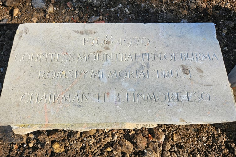 The foundation stone. // A letter written to a care home by Lord Mountbatten in 1969 has been discovered among items in a 'fascinating' time capsule - found underneath the home's former site. Demolition workers discovered the lead time capsule underneath a foundation brick at the site of the former Edwina Mountbatten Care Home in Romsey, Hampshire, in February. The workers who found the 55-year-old said its contents revealed the old care home's links with the Mountbatten family and the royal family. AS well as the letter from Earl Mountbatten, two copies of front page stories from a local newspaper (The Romsey Advertiser) in 1969, regarding the Mountbattens, Prince Charles and Princess Anne visiting the care home were also discovered in the 'carefully crafted' time capsule.