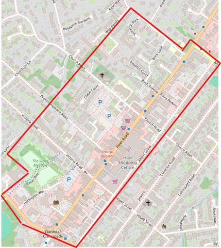 The area of Fleet town centre covered by a dispersal order.