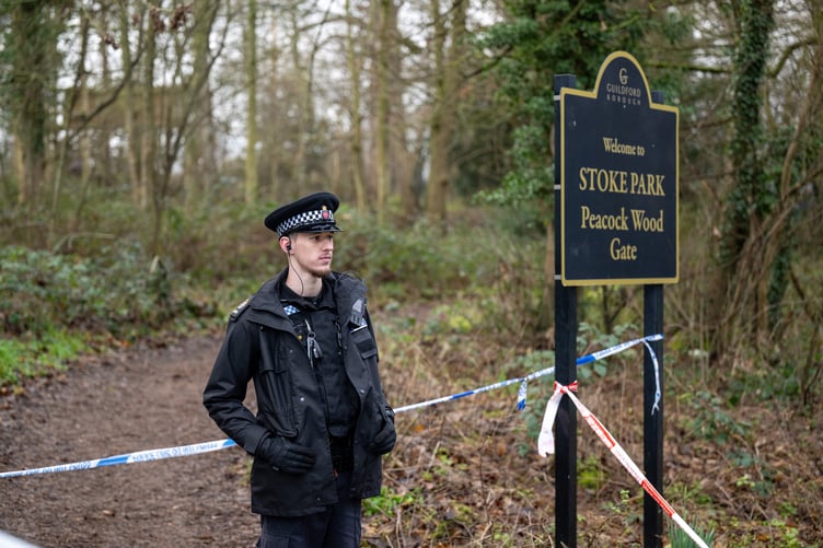 Police at the scene of murder investigation that has been launched following the death of a teenage boy in Guildford, Yesterday in Stoke Park at 18:10, Guildford Surrey, 20th January 2026 // A murder probe has been launched following the death of a teenage boy in Guildford. Emergency services were called to reports of a stabbing in woodland off Lido Road in Stoke Park - near to Guildford College - at around 6:10pm last night (Mon). Despite their best efforts a teenage boy died at the scene, Surrey Police said. An investigation is now underway. No arrests have been made.