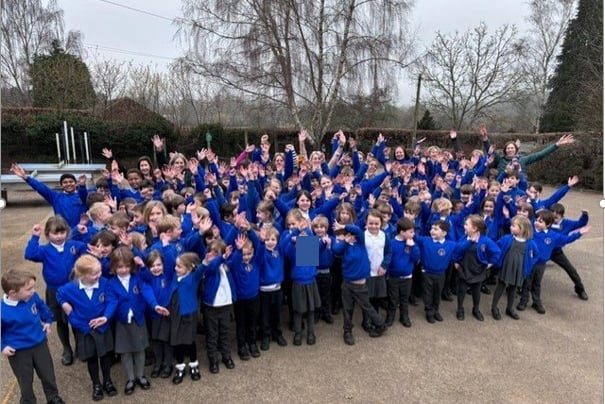 Sheet Primary School pupils celebrate their Ofsted report.