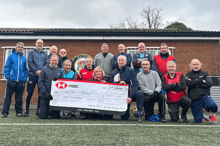 Alton Walking Football Club presents a cheque for £1,000 to Cardiac Health centre manager Denise Ellis, February 2nd 2026.