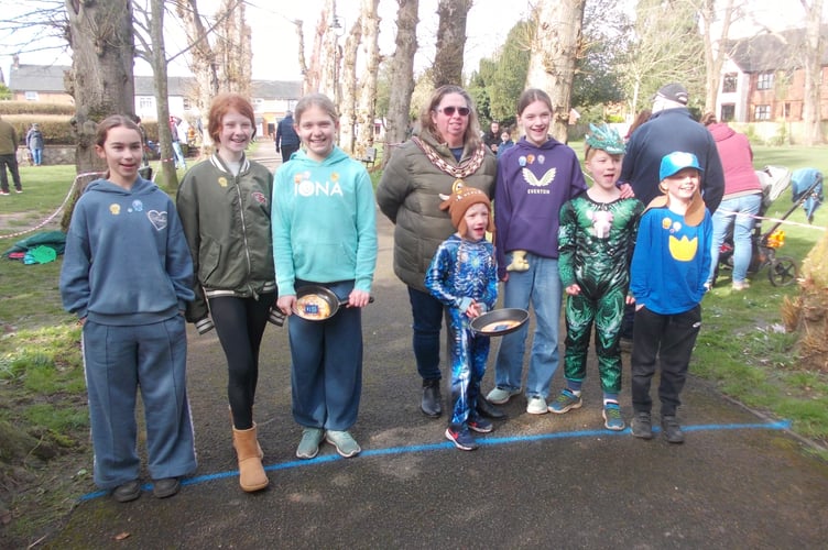 Alton town mayor Cllr Annette Eyre with some of the prizewinners from the Alton Town Council Pancake Race, Public Gardens, Alton, February 17th 2026.