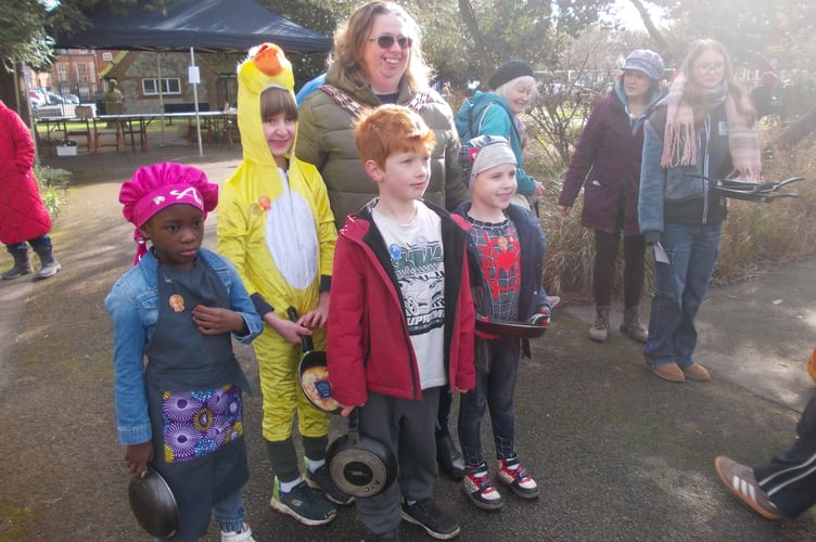 Alton town mayor Cllr Annette Eyre with some of the prizewinners from the Alton Town Council Pancake Race, Public Gardens, Alton, February 17th 2026.