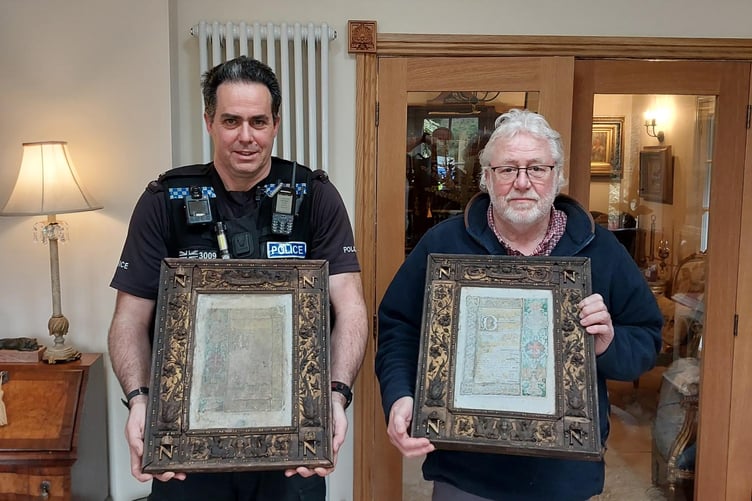 PC Mark Webb with antiques dealer Paul Gostelow, whose discovery helped recover stolen Napoleonic plaques taken from St Michael’s Abbey in Farnborough.