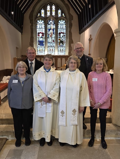 From left, Churchwarden Sarah Goodship, Revd William Lang, a former rector of the church; Revd Hannah Moore; Rev’d Delia Orme, associate minister; Revd John Page, a former rector; and churchwarden Annie Silver.