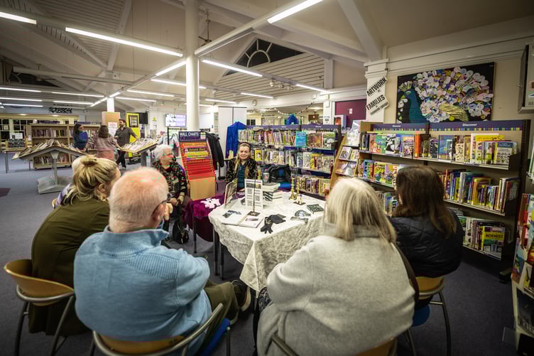 Local author Sally Ann Melia describes her science fiction works at Farnham Library as part of the literary festival.