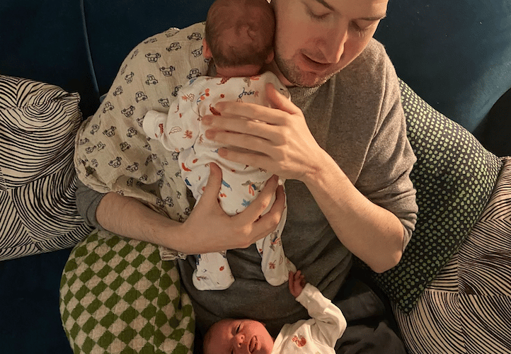 Alastair Travis with his twins Sid and Raffi, January 2025.
