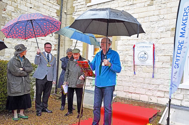 LANGRISH HOUSE SPITFIRE BLUE PLAQUE LANGRISH, PETERSFIELDENGLANDMARCH 15th 2026Unveiling of the 'Spitfire' Blue Plaque - (left to right) Robina Talbot-Ponsonby with the Petersfield Town Mayor Cllr. Chris Paige, local resident Joy Sang and the owner of Langrish House Nigel Talbot-Ponsonby as they listen to Alan Matlock Chairman and Trustee of 'The Spitfire Makers Charitable Trust' speaking to those gathered at Langrish HouseA Blue Plaque was unveiled on the front of historic Langrish House near Petersfield in Hampshire on Sunday 15thÂ March 2026 celebrating the Spitfire Aeroplane and those 'Langrishians' who had made the parts - 90 years on since the Spitfire's inaugural flight at Eastleigh Airfield,Â  March 1936 - March 2026Â The plaque also commemorated the vital role played by the people of Langrish in the manufacture of parts for the Spitfire which marks this - and other 'SECRET' activity which took place at Langrish House during World War 11The unveiling of the Blue Plaque on a very wet afternoon was performed by Petersfield Town Mayor Cllr. Chris Paige and the owner of Langrish House Nigel Talbot-Ponsonby - the event had been organised by 'The Spitfire Makers Charitable Trust' and their Chairman and Trustee Alan MatlockÂ The range of old stables next to Langrish House became a factory for the war effort where munitions and parts for the Spitfire aircraft were manufactured deep in the heart of the Hampshire CountrysideÂ Â IN 1940 During the 1939-45 World War Langrish House was requisitioned by the WAR OFFICE and was billeted by a large number of New Zealand troops it is now in the safe hands of Nigel and Robina Talbot-Ponsonby (Photo by Malcolm Wells) Standard reproduction rates apply, contact Malcolm Wells to arrange payment - Mobile: 07802-217-569 malcolmrichardwells@gmail.com
