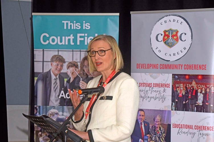 Sophie Parker, a granddaughter of WW2 spy Odette Hallowes, speaks to the audience at the official naming of a new hall for Court Fields School, Wellington. PHOTO: Alain Lockyer.