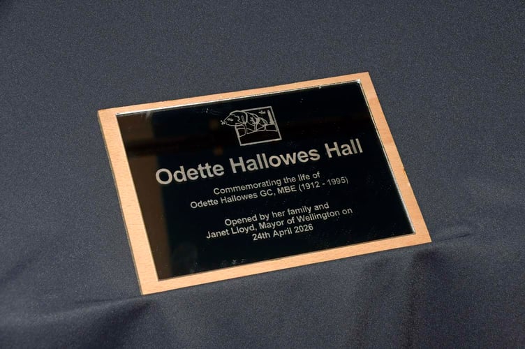The name plaque for the new hall in Court Fields School, Wellington, honouring WW2 spy Odette Hallowes, who lived near the town. PHOTO: Alain Lockyer.