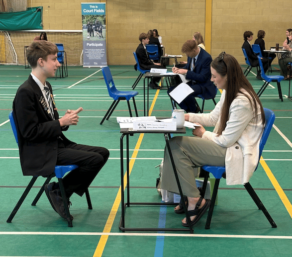The sports hall in Court Fields School, Wellington, saw a different set of examinations when pupils underwent mock job interviews.