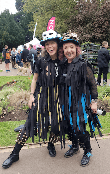 Two of the Bootstrap Border Morris who provided entertainment t in Wellington Park during the annual spring fair.
