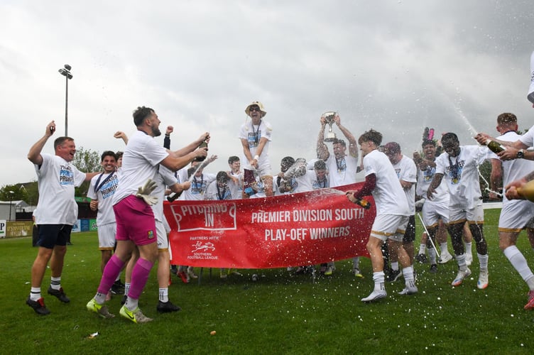 Town's triple crown! Farnham Town players celebrate their a 5-1 play-off final win over Gloucester City to seal a third promotion in three seasons. See Sport for more.