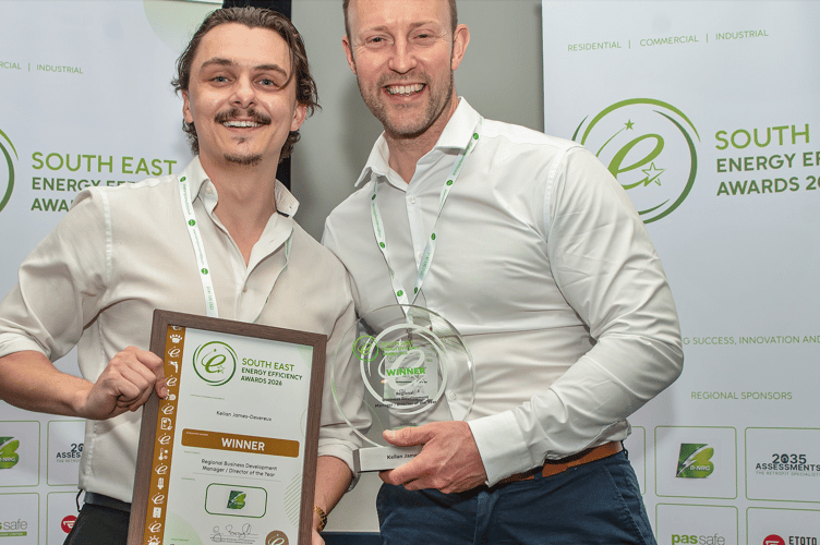 Keilan James-Devereux, left, of ETOTO Media in Farnham, won the Business Development Manager/Director of the Year award at the South East Energy Efficiency Awards, Sofitel hotel, Gatwick Airport, April 30th 2026.
