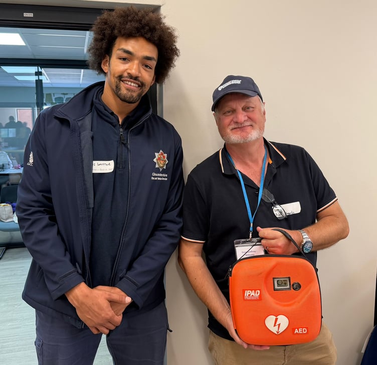 Lewis Whitter from Gloucestershire Fire and Rescue Service with Greg Godfrey from Public Hearts CIC