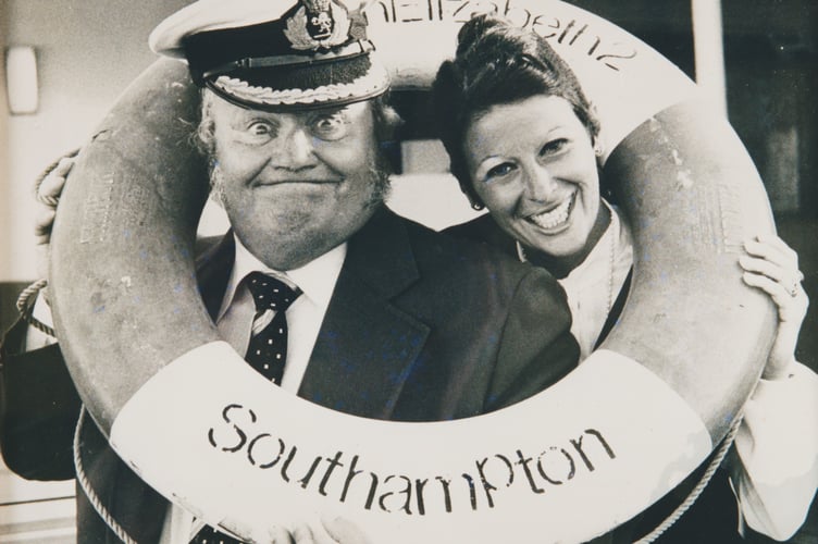 Sue Williams with TV star Harry Secombe on the QE2 in 1979.
