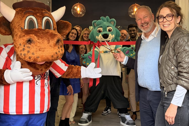 Bullseye mascot Bully and Rainbow Productions’ managing director Simon Foulke open the new facility in Farnham.