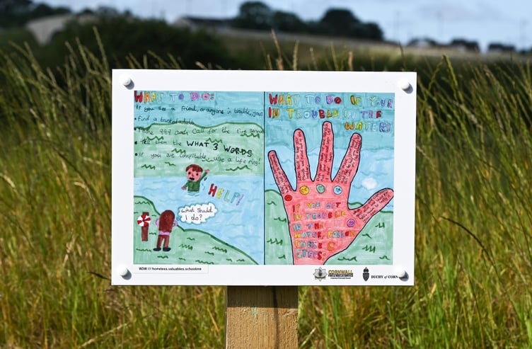 Water safety posters at the SUDS ponds, created by pupils at Nansledan Skol (Picture: The Duchy of Cornwall by Hugh Hastings)