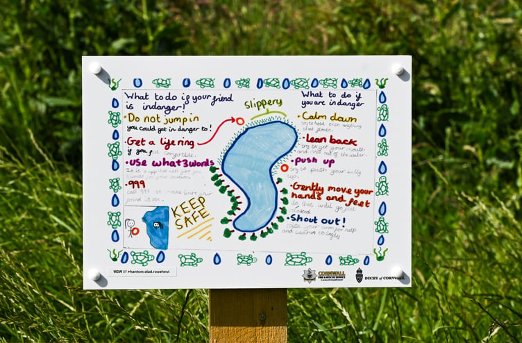 Water safety posters at the SUDS ponds, created by pupils at Nansledan Skol (Picture: The Duchy of Cornwall by Hugh Hastings)