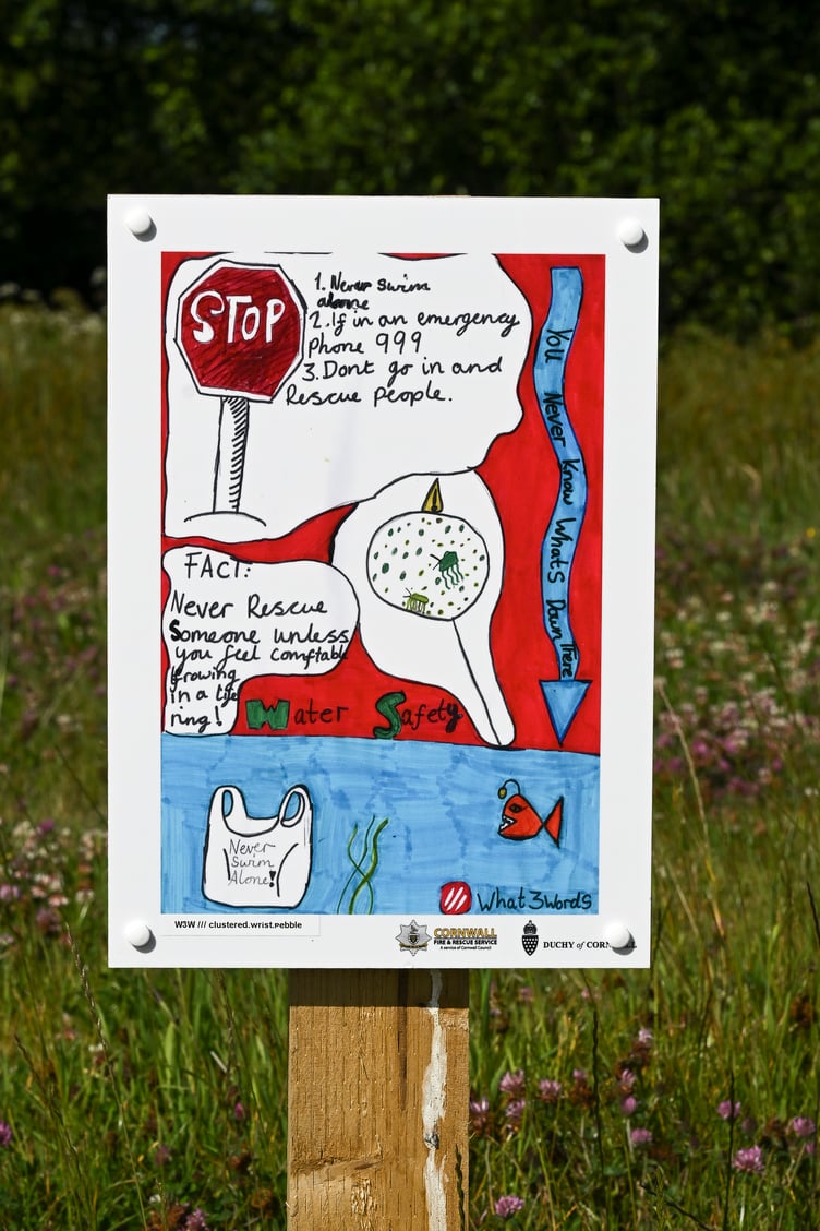 Water safety posters at the SUDS ponds, created by pupils at Nansledan Skol (Picture: The Duchy of Cornwall by Hugh Hastings)