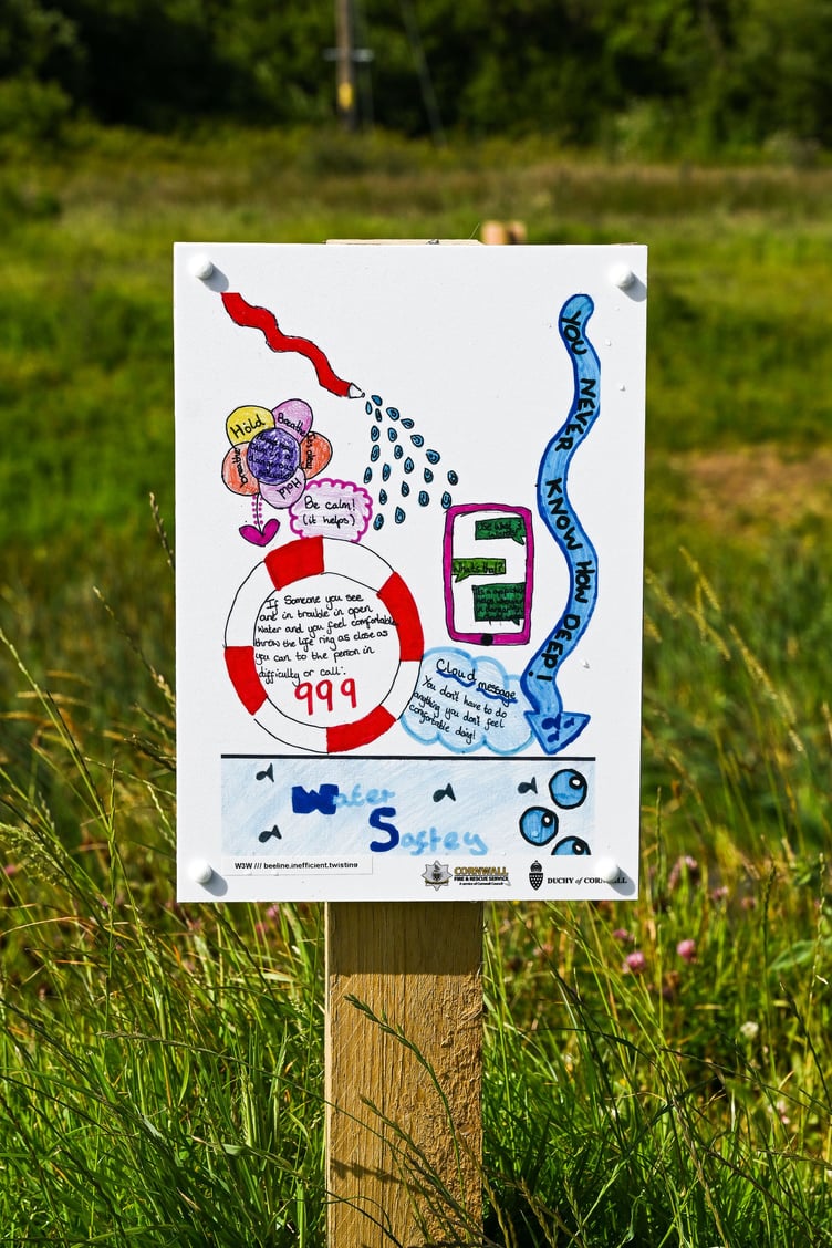 Water safety posters at the SUDS ponds, created by pupils at Nansledan Skol (Picture: The Duchy of Cornwall by Hugh Hastings)