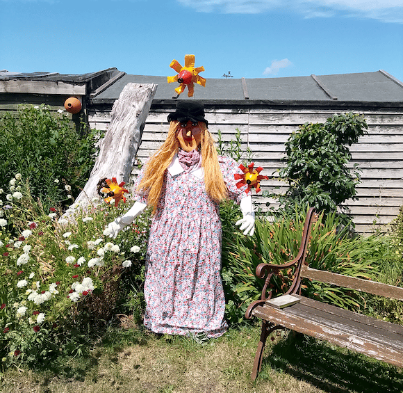 This Watchet scarecrow competition entry is feeling energised with sunflowers brightening up the day.