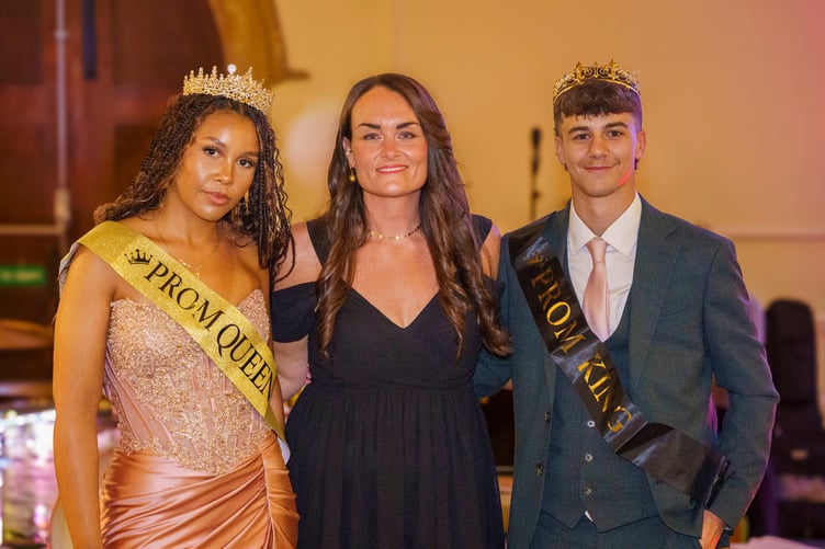 Prom Queen Tora and Prom King Joel with year 11 head Emma Atkins at Roseland Academy Prom 2026