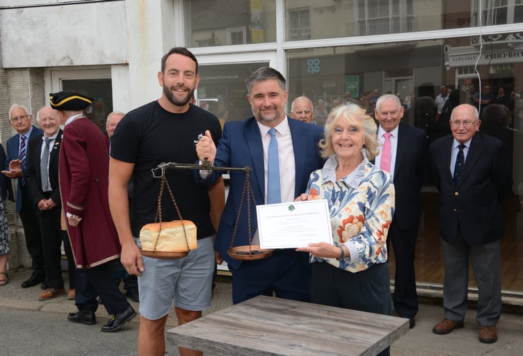 From left to right: Andrew Bayley, Adam Chidley and Annette Dennis during the bread weighing ceremony in Holsworthy (Picture: Rodney Parrish)