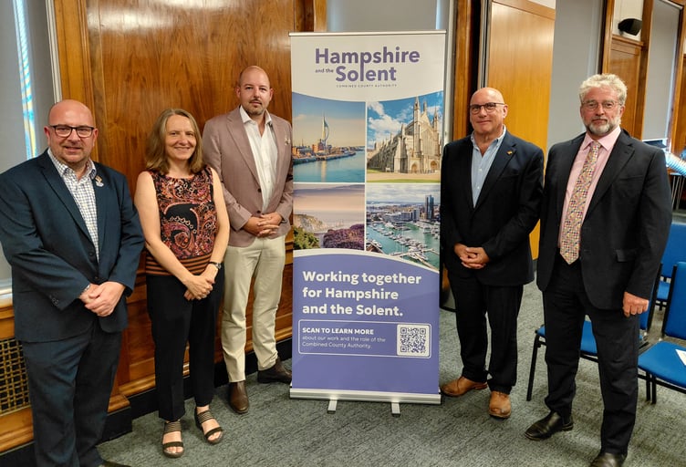 Members of the Hampshire and the Solent Combined County Authority board after the inaugural meeting. From left to right, Steve Pitt, Sarah Bogle, George Madgwick, Nick Adams-King and Jonathan Bacon.