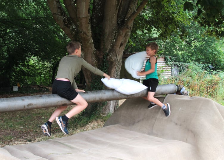 Harry Thorne and Reggie Hyman try to stay on Roadwater Fete's greasy pole. PHOTO: George Ody.