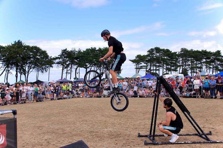 Thrills and spills from Savage Skills BMX and MTB stunt show at Watchet Carnival.