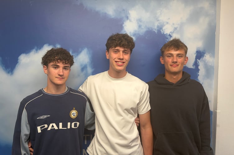 Oliver Thorogate, Ben Robinson, Caleb Brennan picking up their GCSE Results at Weydon School