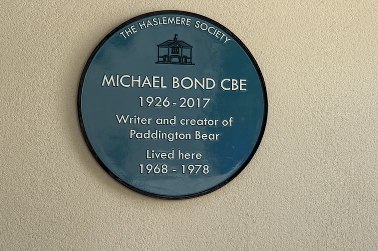 The new blue plaque marking the former Haslemere home of Paddington Bear creator Michael Bond. Credit: Dawn Brown.