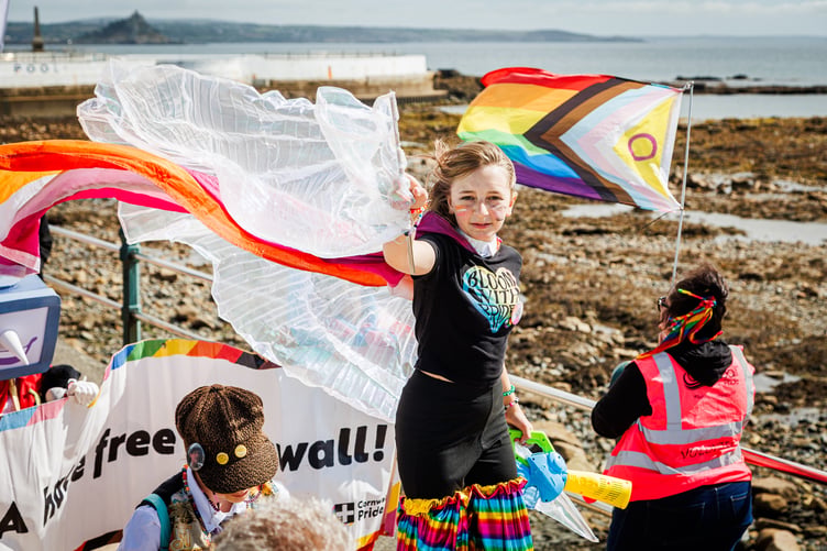 Flags of all colours at Penzance Pride 2026, on September 12.