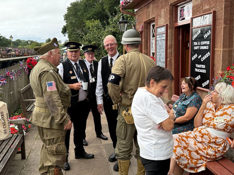 United States MPs talk to station staff in Stogumber during the 1940s weekend. PHOTO: Tim Wetherell.