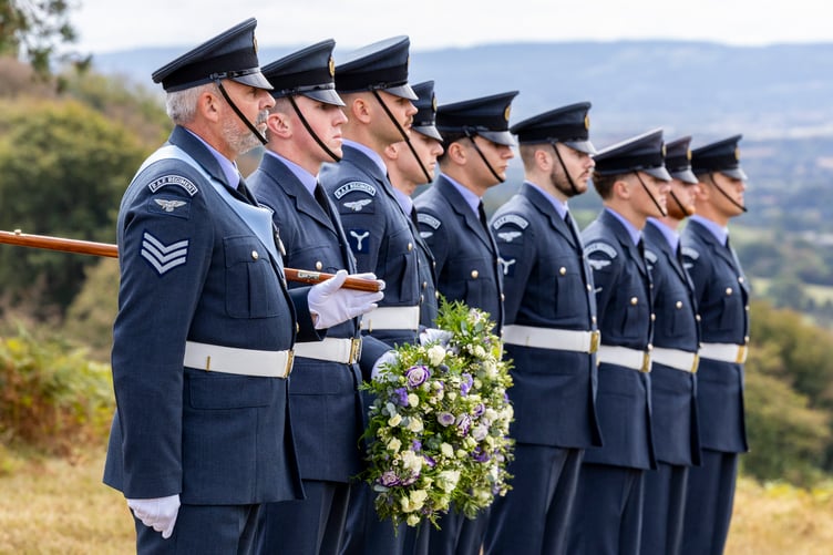 An RAF honour guard from the King’s Colour Squadron attended an 80th anniversary memorial service on the Quantock Hills above Crowcombe for the crew of a Halifax aircraft which crashed in 1945.