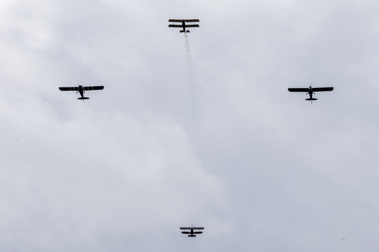 A period light aircraft ‘missing man’ formation flypast above the Quantock Hills during a memorial service for an RAF crew lost in a 1945 crash.