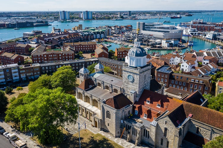 A view of Portsmouth Cathedral and harbour.